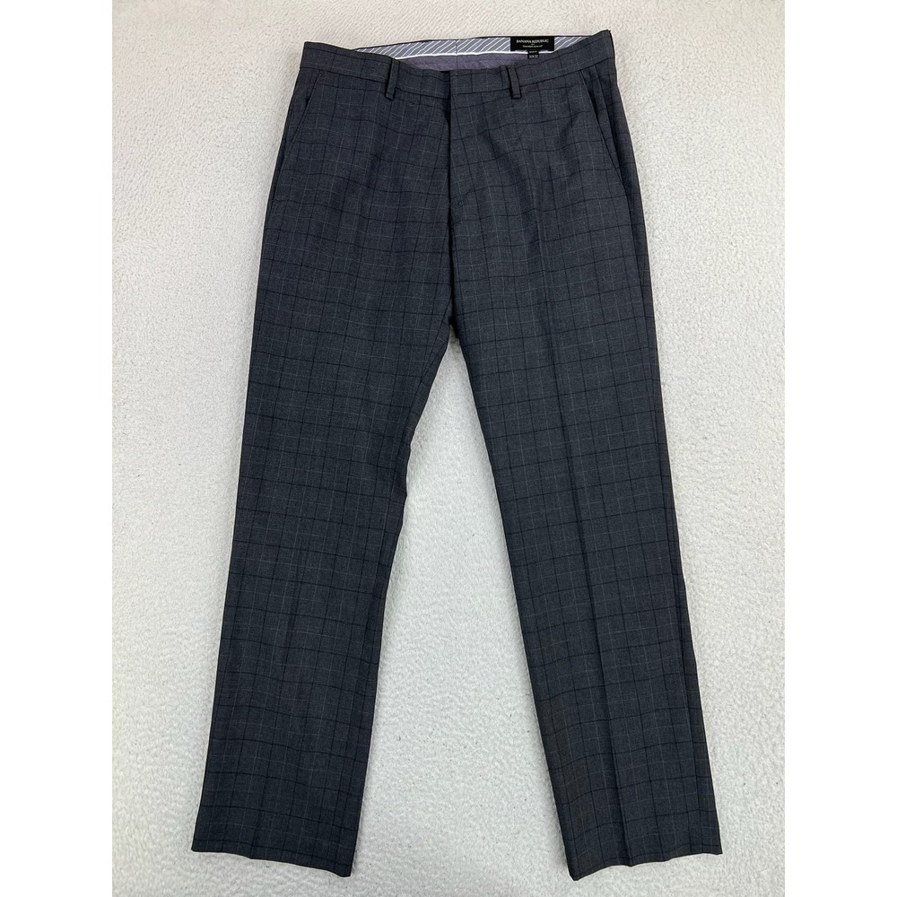 Banana Republic Dress Pants Mens 32x32 Gray Tailored Slim Fit Windowpane Plaid